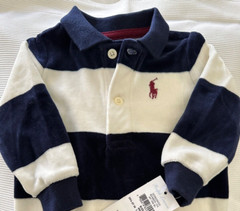 Ralph Lauren Baby Boy Rugby Overall Plush Velour Blue & White One Piece 6 or 9 m