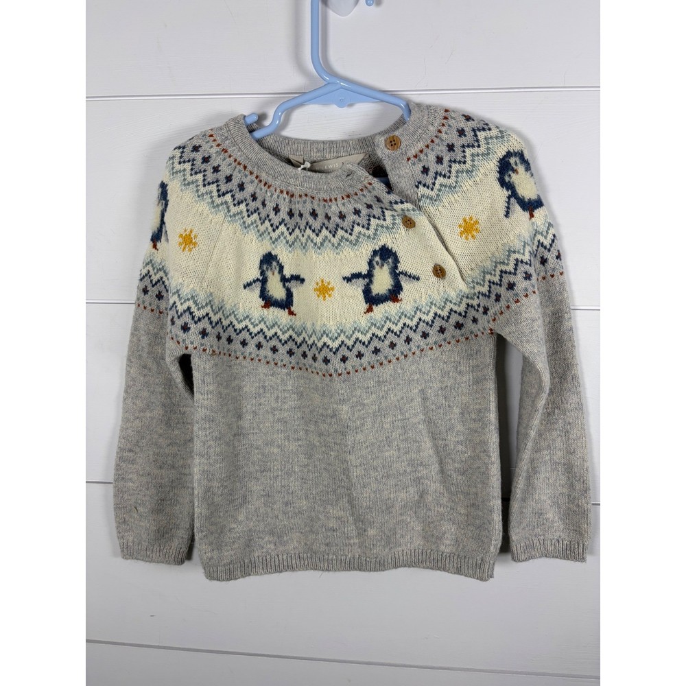 NWT John Lewis Girls Penguin Fair Isle Sweater Gray Cotton Merino Wool 2-3 Yrs