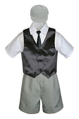 5pc Baby Boys Toddler Formal Gray Shorts & Hat Suit Satin Vest Long Tie Set S-4T