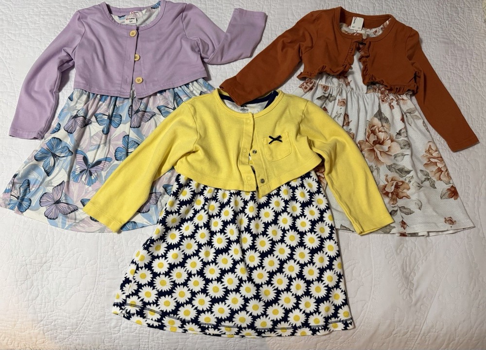 Girls Dresses Lot Of 3 With Cardigans Casual Size 3 Butterflies Flowers Daisies