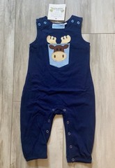 New! Trotter House Kids Navy Blue Moose Appliqué Jon Jon Romper, boys 12M