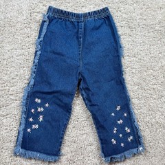 Unbranded Floral Embroidered Jeans Kids 24M Blue Excellent Fringe Frayed Hem