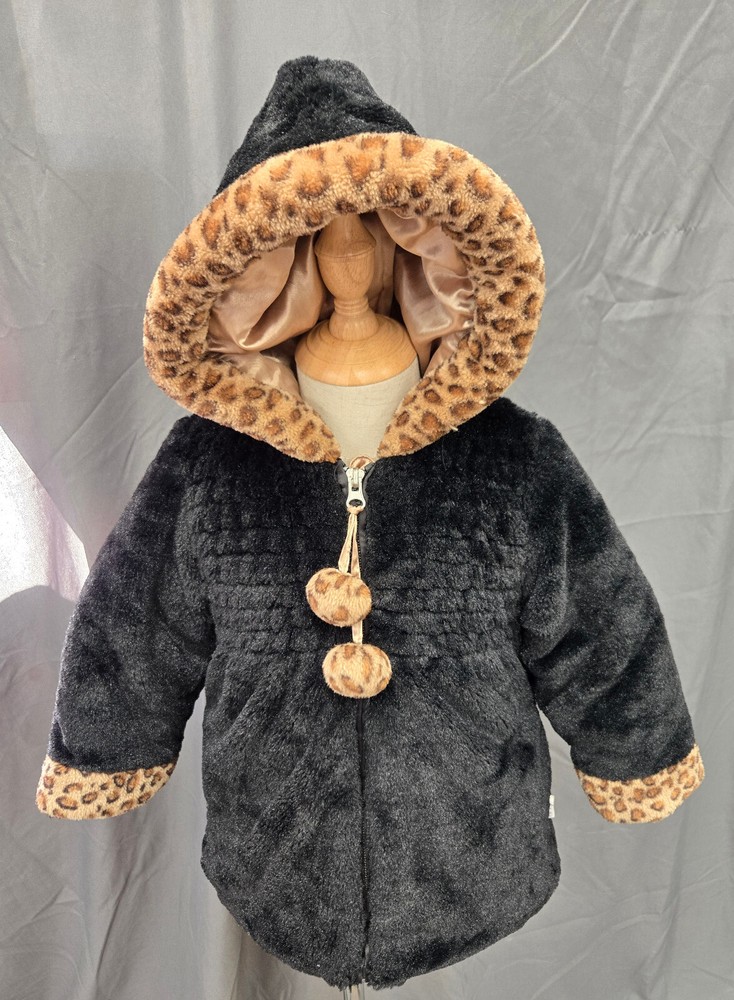 Bon Bebe Girls Winter Coat Faux Fur Cheetah Print Size 24 Mth Black w/Pom Poms