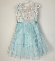 Jona Michelle Tulle Dress Girls 3T Aqua Blue Floral Sequin Tiered Party Dress