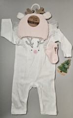 3-6 Months Chick Pea Girls Reindeer 3 Pc Outfit, Hat & Socks Christmas Winter