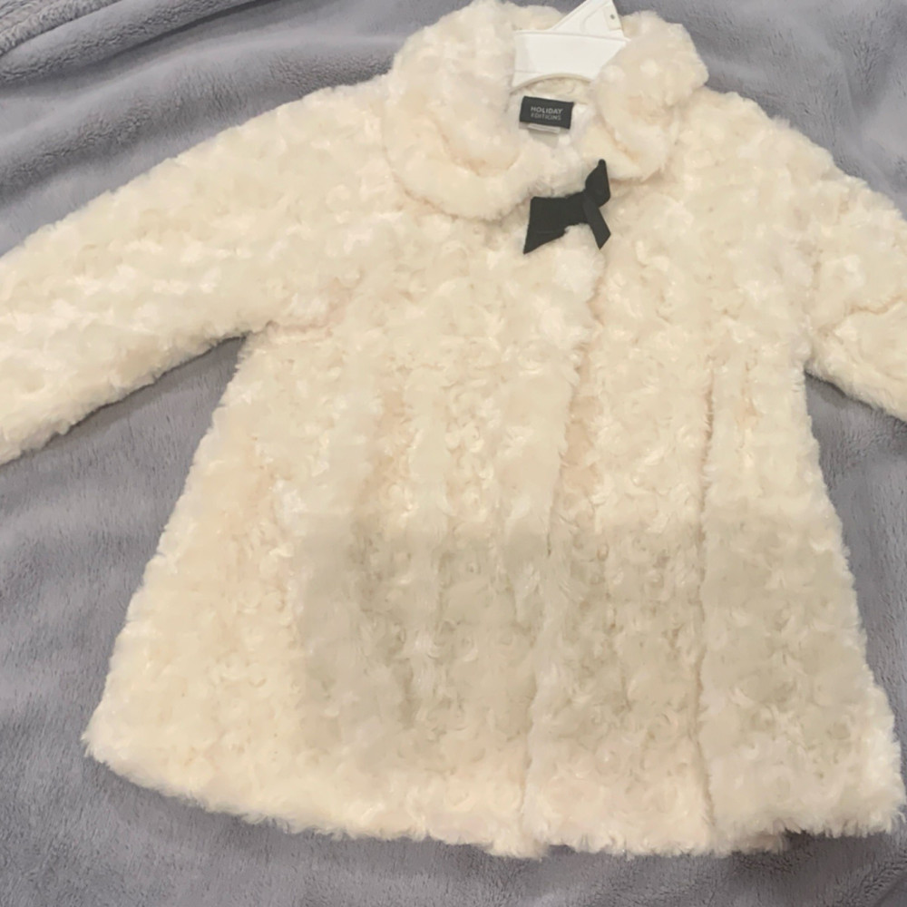Holiday Editions Hooded Curly Faux Fur Coat Bow Accent Ivory 4T Girls