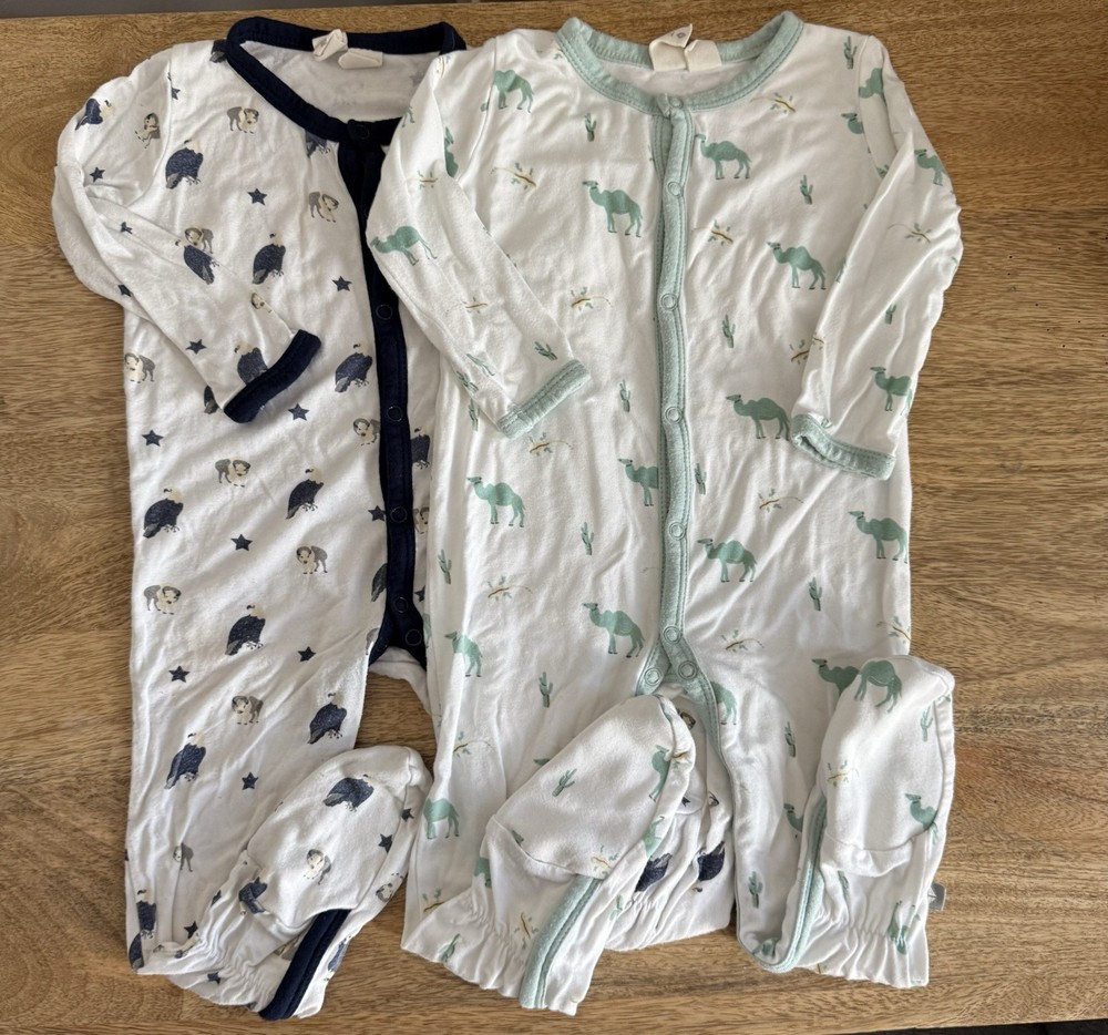 Animal Print Long Sleeve Snap One-Piece Coverall Set, White/Navy/Green, 2 Piece