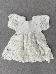 Hand Made Infant Baby Girl’s Crocheted White Dress with Ribbon and Rose Buttons
