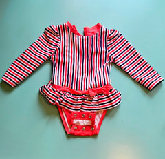 Cat & Jack Girls One Piece Swimsuit 12M Red White Blue Stripe Long Sleeve Ruffle