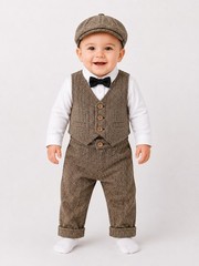 Baby Boys 4 Pc Suit Set 3-9M Herringbone Vest Pants Shirt Bow Tie Suspenders Hat