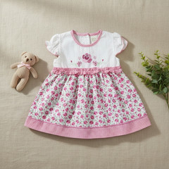 We’re Kids Baby Girl Floral Dress Set Size 3-6 Months Pink Roses & Gingham Trim