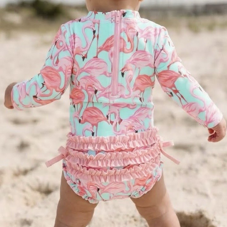 6-12m RuffleButts Baby Girls Flamingo One-Piece Long Sleeve Rash Guard Swimsuit