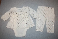 Baby Girls Outfit CREAM COLOR L/S DRESSY TOP & KNIT JEGGINGS Gold Hearts 0-3 MO