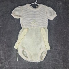 VTG Knit Baby Romper Cream Yellow Poodle Embroidered Button Back One Piece Retro