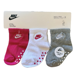 Nike Baby Girl 3 Pair Non-Slip Ankle Socks ~Pink, White & Gray ~ 6-12M