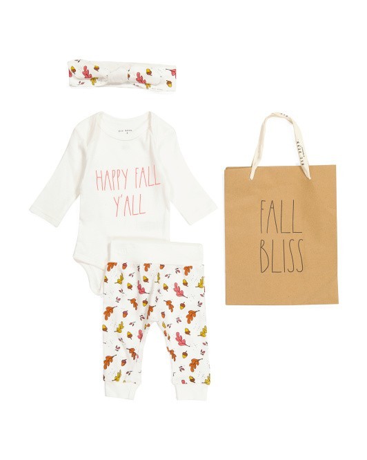 Rae Dunn 2pc Happy Fall Bodysuit Pant Set With Headband and Giftbag sz 3-6M