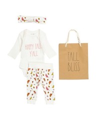 Rae Dunn 2pc Happy Fall Bodysuit Pant Set With Headband and Giftbag sz 3-6M