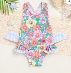 One Piece Big Bow Swimsuit Ruffle Blue Striped Floral Toddler Girls 3T 4T 3-4T