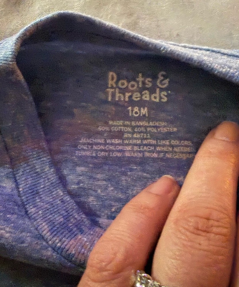 Roots & Threads 18M Long Sleeve Blue Baby Top Cotton Blend Crew Neck