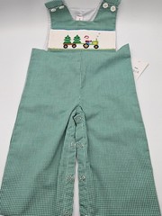 Baby Boy Green Checkered Christmas Romper Smocked Train & Santa Embroidery