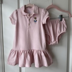 Ralph Lauren 12 Months Baby Girl Mesh Knit Pink Bear Polo Dress & Bloomers NWOT