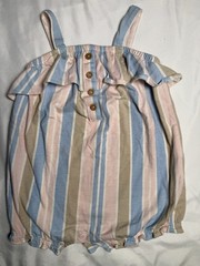 GENTLY USED Carter’s Baby Girl 6M Pale Pink Blue Green Striped Snap Romper