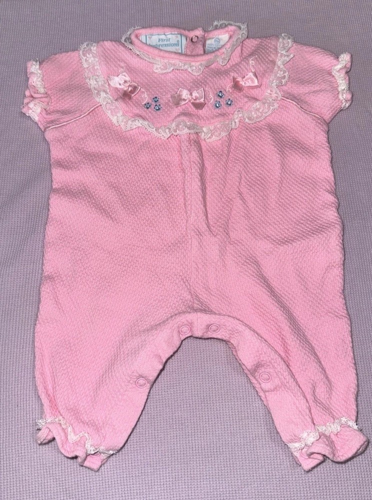First Impressions VTG Pink Romper One Piece Baby Girl 6-9 Month Lace Bows HTF