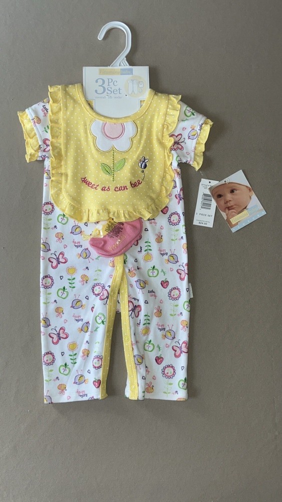 6 Months Girls “Bee” THREE Piece Outfit Set~Coverall, Bib & Socks, New With Tags
