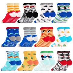 SkiBeaut Toddler Boys Socks with Grips Kids 1-3T, #01 Cartoon Style(12 Pairs)