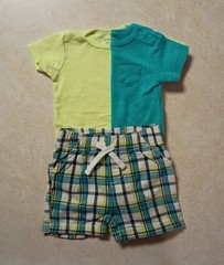 Baby Boy 3 Piece Short Set Plaid Pocket Tee Snaps Teal Yellow SS Size 6 Months