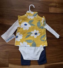 Carter’s Baby Girls 3-Pcs Yellow Floral Vest Long Sleeve Body Top Pants Set 6 M