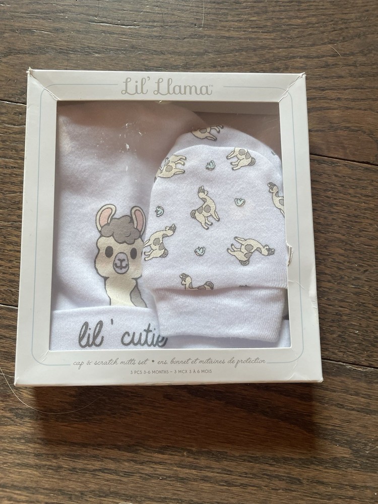Newborn Baby Hat & Mittens 3 PC Set Lil Llama White