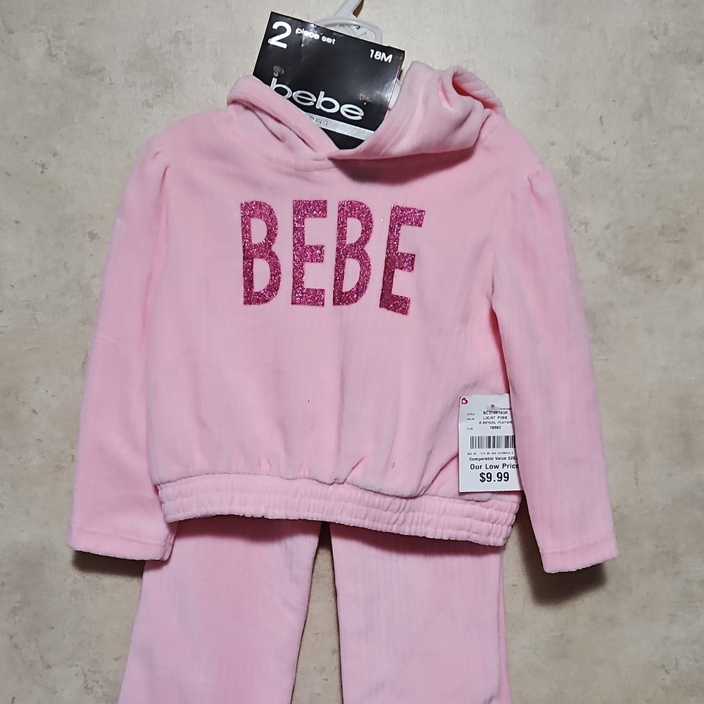 bebe Girls 18M Pink Solid Velour 2pc Hoodie Pants Set Logo Glitter Fall Winter