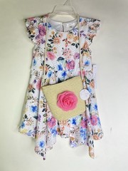 Tahari Girl Floral Eyelet Fit and Flare Dress with Matching Purse Bag Girls 3T