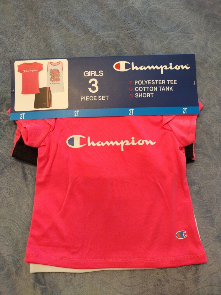 Champion Girls Toddler 3 Piece Pink Shirt/Black Shorts/White Tank Top Set Sz 2T