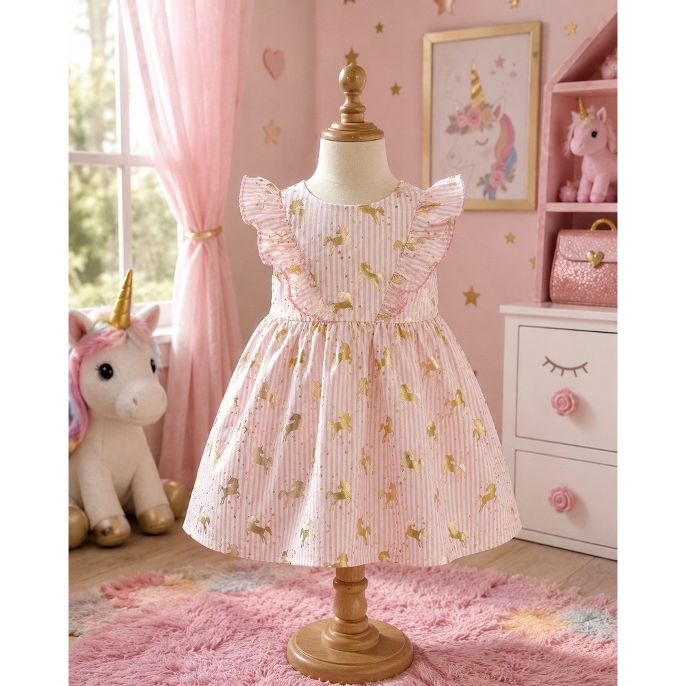 Penelope Mack Pink Stripe Ruffle Dress Gold Unicorns Print Princess Toddler 18M