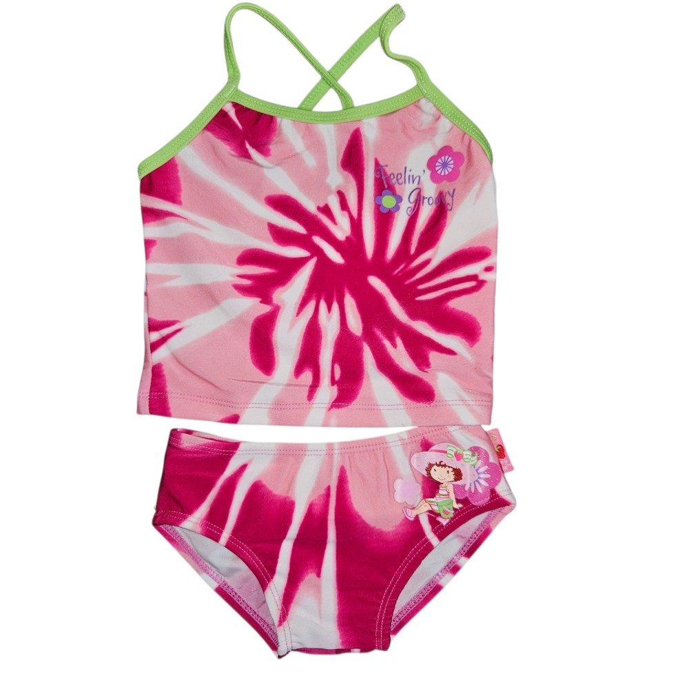 Vintage Y2K Strawberry Shortcake Swimsuit Size 2 T Pink Two Piece Tie Dyed NWT
