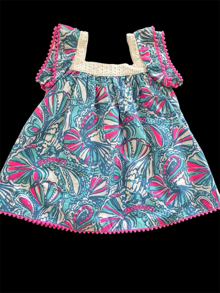 Lilly Pulitzer EUC Aqua/Blue/Pink Tropical Print 100% Woven Cotton Dress-12Mos