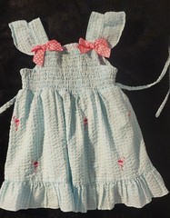 Rare Editions 12M Girls Sundress Light Blue Flamingo Embroidered Pink Bow Ruffle