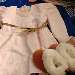 Baby Club Girls Pink Floral Long Sleeve A-Line Cotton Dress Gold Belt Size 2