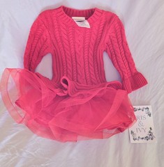 Iris & Ivy Baby Girl Vibrant Red Cable Knit Dress Structured Tulle Skirt 12 Mths