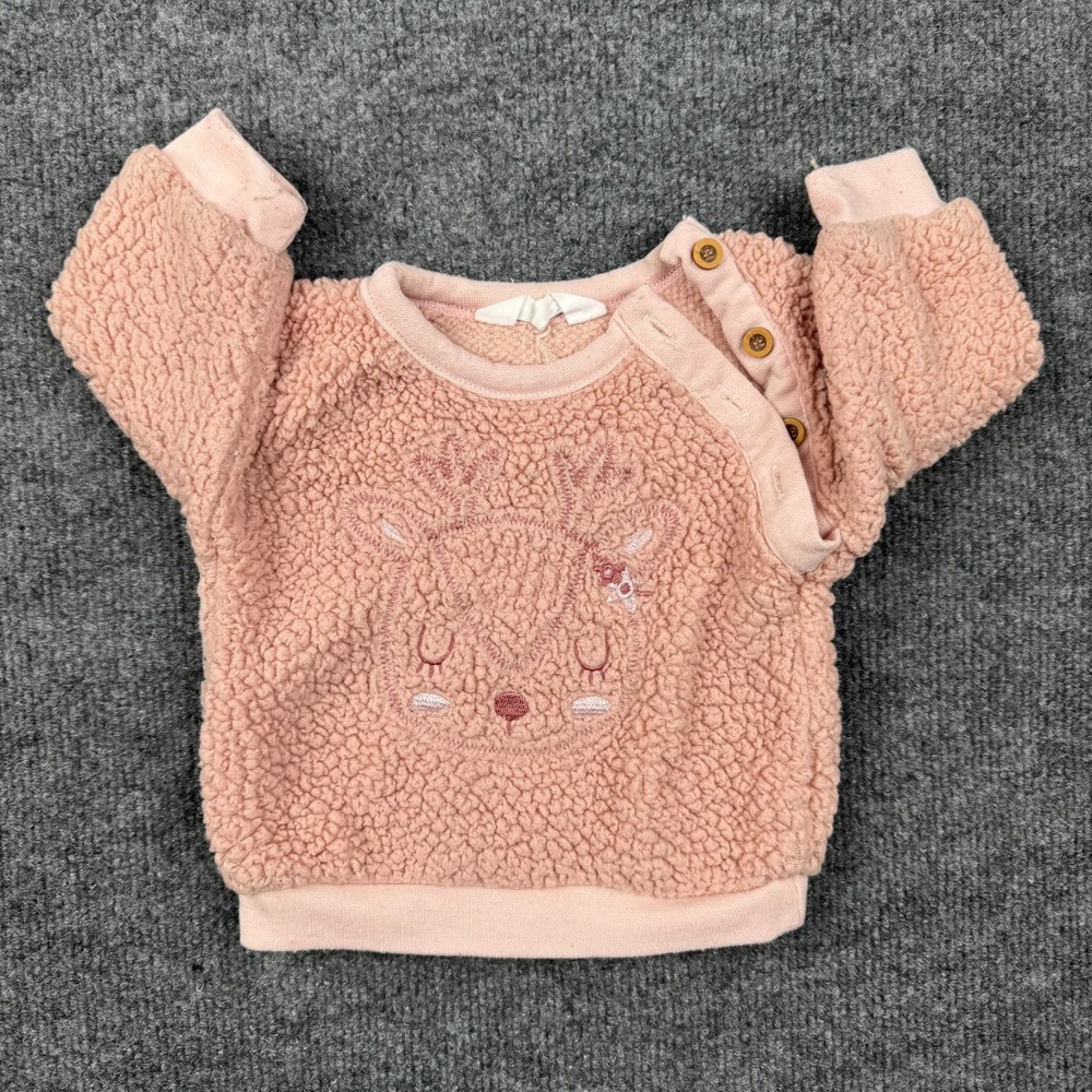 René Rofé Baby Girl Pink Sherpa Reindeer Pullover Sweater 6-9 Months Fleece