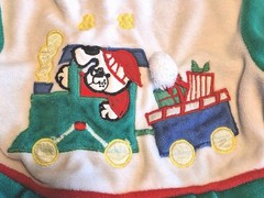 VTG Velour 90s Christmas Footed One Piece Sleeper Outfit Dog In Caboose Green