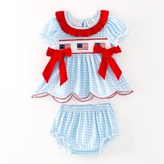 NEW Boutique 4th of July Embroidered Flag Smocked Tunic Baby Girls Outfit