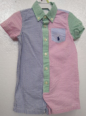 RALPH LAUREN ROMPER, STRIPE MULTI COLOR, Button to Snaps,Short Sleeves SZ 6M