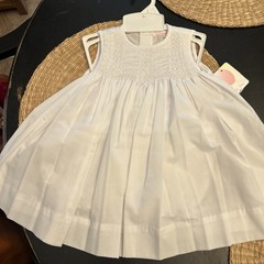Petit Ami Girls Solid White Smock Cotton Dress 3 months