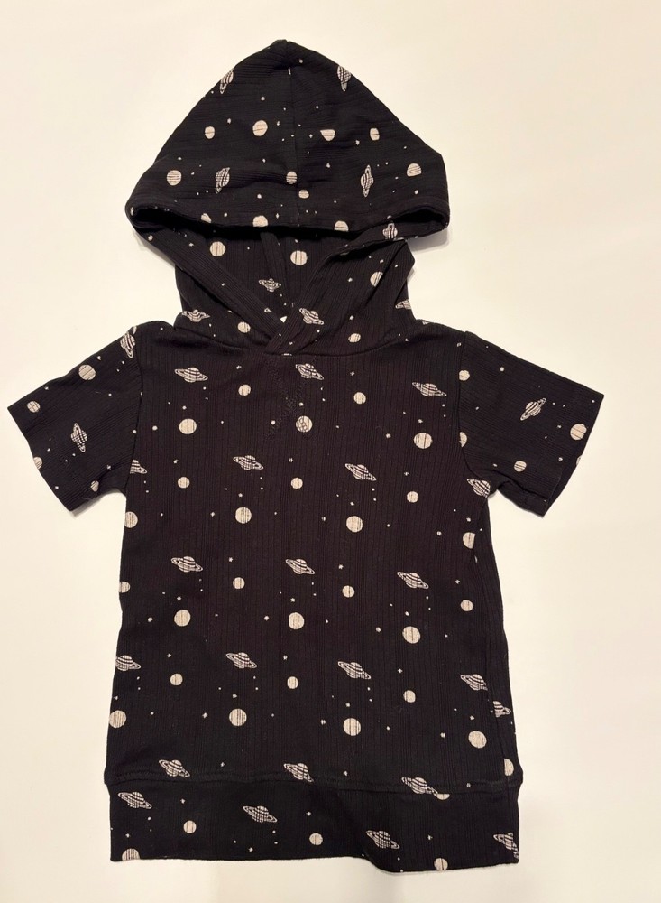 Kate Quinn Short Sleeve Shirt Top Hooded Black Planets Cotton Rib 3T