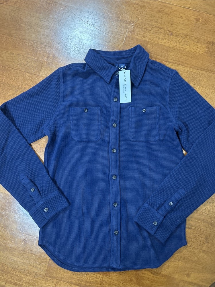 New Janie And Jack Button Down Thermal Shirt Long Sleeve Blue Size 12 NWT