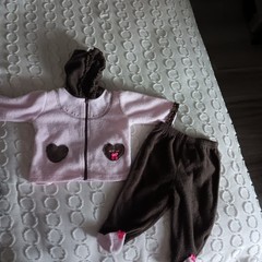 Bon Bebe 2pc Fleece Outfit Set Girls 3-6M Pink Hooded Zip Jacket & Brown Pants