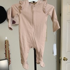 Cloud Island Pink Ribbed Knit Ruffle Footed Cotton Sleeper 0-3M 2-Way Zip